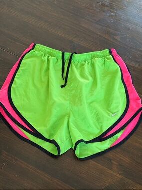 Nike DriFit Neon Green Pink Lined Running Athletic Shorts Women’s size Medium